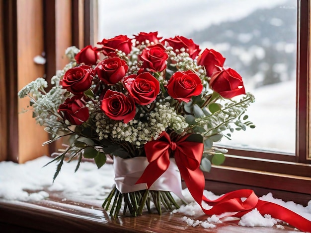 A bouquet of red roses intertwined with delicate baby39s breath and tied with a satin ribbon sitting on a windowsill overlooking a snowy landscape