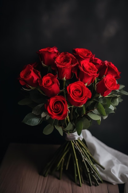 A bouquet of red roses is on a dark background.