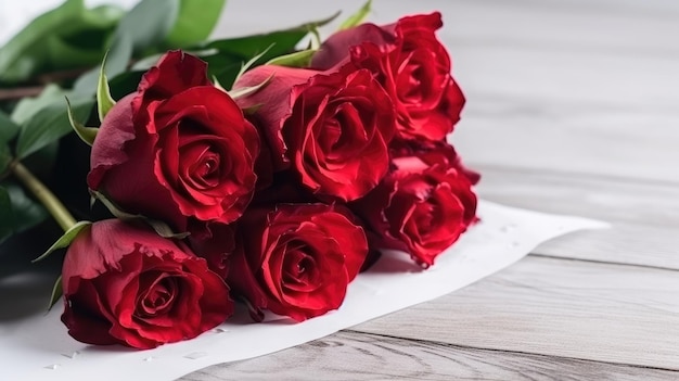 A bouquet of red roses is on a table.