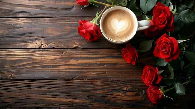 A bouquet of red roses lies near a cup of cappuccino on a wooden table with copy space