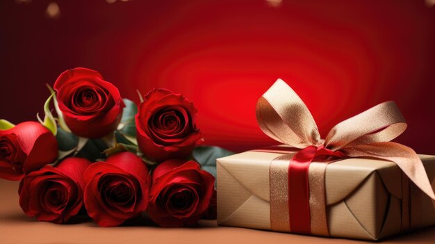 Bouquet of red roses lying next to a gift wrapped in paper