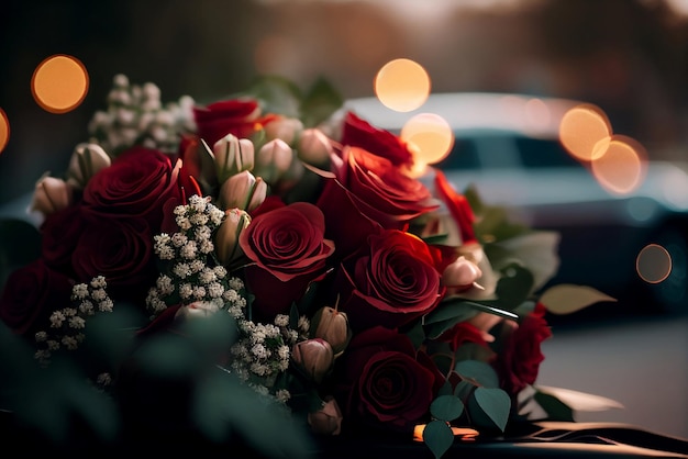 A bouquet of red roses sits on a car in front of a blurred background.