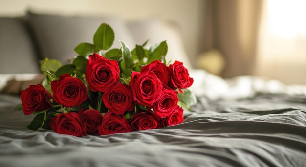 a bouquet of red roses on someones bed