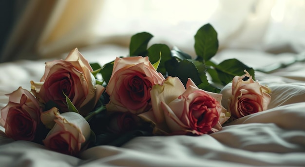 a bouquet of red roses on someones bed