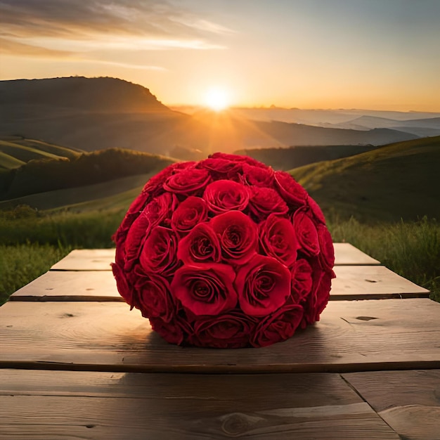 Bouquet of red roses on a table in front of the sunset