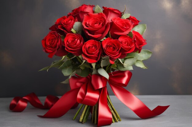 Букет красных роз, связанный красной лентой