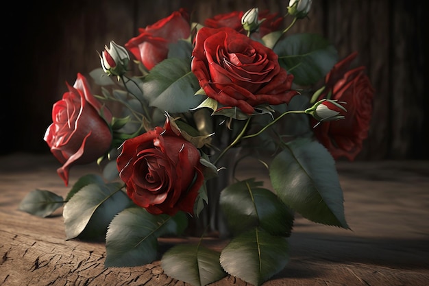 Bouquet of red roses in vase on wooden background