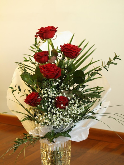 A bouquet of red roses in a vase