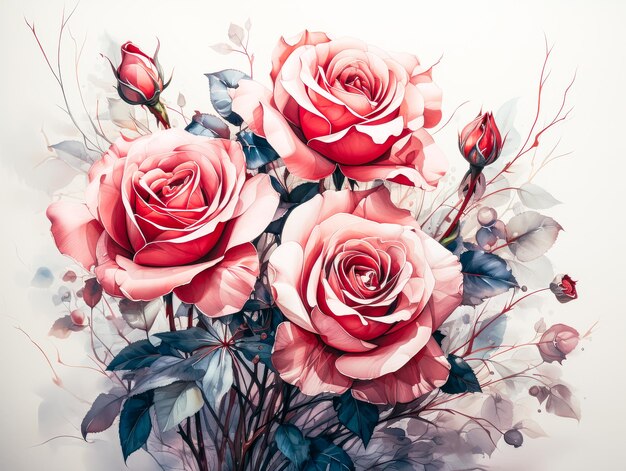 Bouquet of red roses in watercolor style