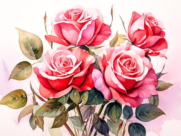 Bouquet of red roses in watercolor style