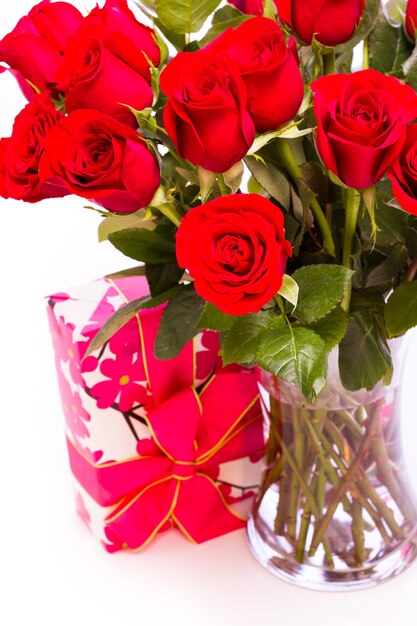 Bouquet of red roses on white backround.