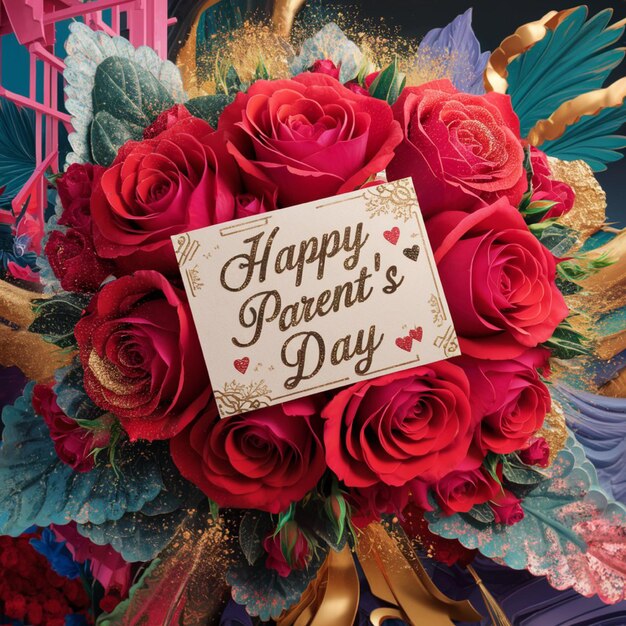 Foto un bouquet di rose rosse con un biglietto che dice felice giorno delle madri