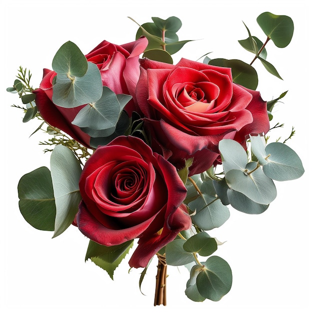 Foto bouquet di rose rosse con foglie di eucalipto