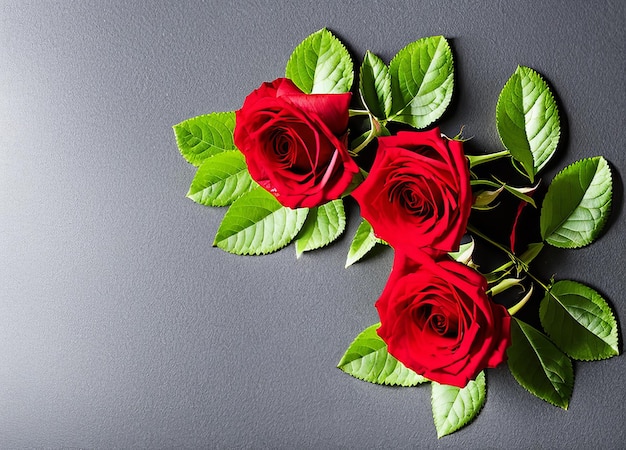 A bouquet of red roses with green leaves on a gray background.