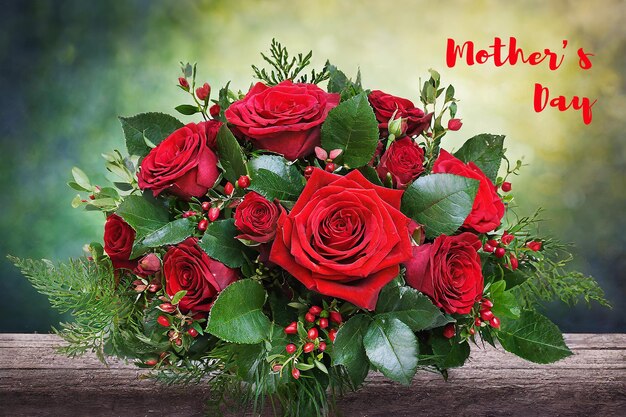 Bouquet of red roses with green leaves and red roses