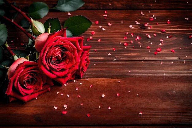 A bouquet of red roses with petals on a wooden background