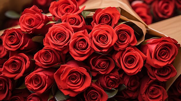 「バレンタイン」と書かれたカードのタグが付いた赤いバラの花束。