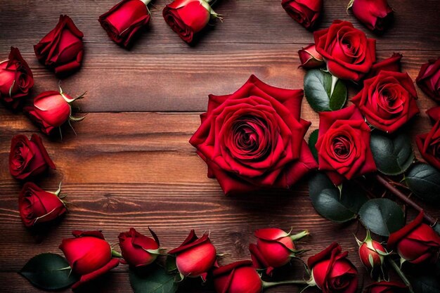 a bouquet of red roses with a wooden background with a wreath of red roses