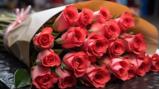 "그 위에"라는 단어가 적힌 빨간 장미 꽃다발