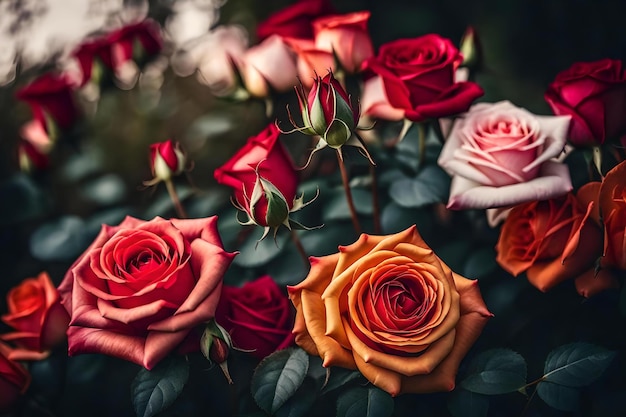 바닥에 "사랑"이라는 단어가 적힌 빨간 장미 꽃다발.