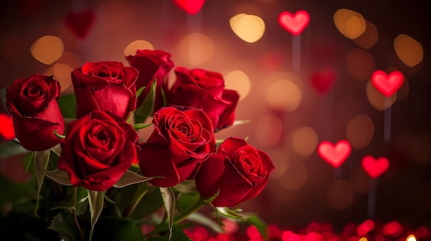 Bouquet of red roses on a wooden background and bokeh background Valentines Day Mothers Day