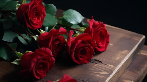 A bouquet of red roses on a wooden box