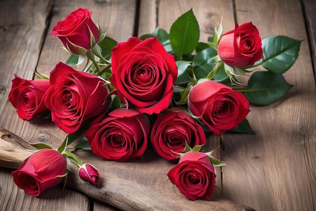 Bouquet of red roses on wooden rustic background