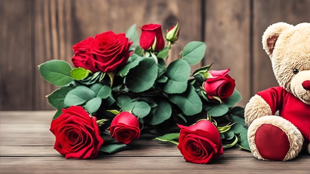 A bouquet of red roses on a wooden table