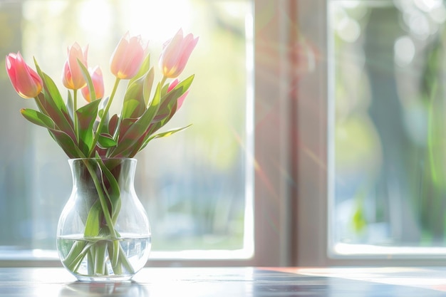 ぼんやりした背景のテーブルの上にあるガラスの透明な花瓶のクローズアップの赤いチューリップの花束