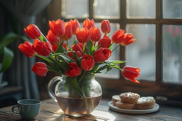 A bouquet of red tulips in a vase on the table Spring concept