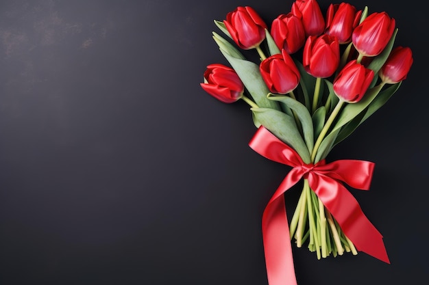 a bouquet of red tulips with a red ribbon tied to it.