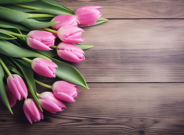 Bouquet of red tulips on a wooden background Spring flowers Mother's Day background