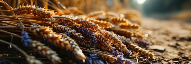 花束熟した黄金の小穂小麦結んだ背景画像