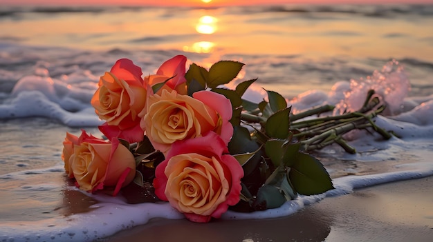 A bouquet of roses on the beach