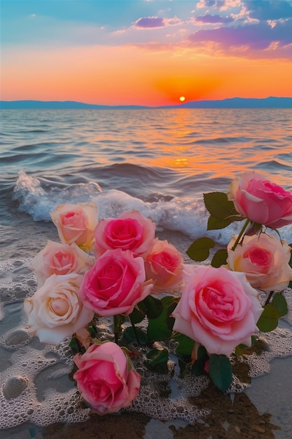 A bouquet of roses on the beach