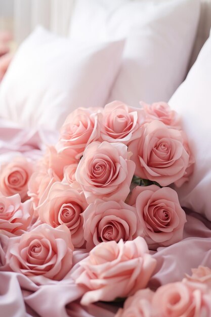 Foto bouquet di rose sul letto ai generativa