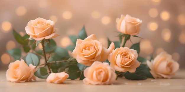 Bouquet of roses on blurred bokeh background in trendy Peach Fuzz color Elegant backdrop for holida