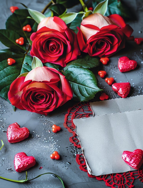 Photo a bouquet of roses and a card with a card that says  love