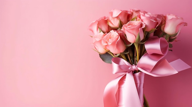 Bouquet of roses flower with a bow on pink background