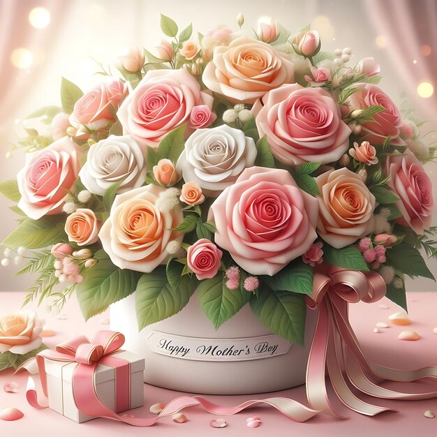 a bouquet of roses is in a box with a ribbon around it