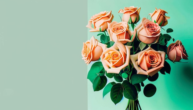 A bouquet of roses is displayed on a green background.