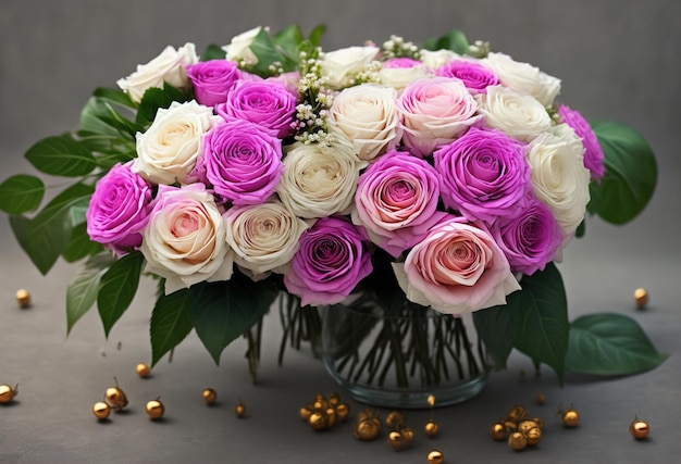 A bouquet of roses is in a glass vase.