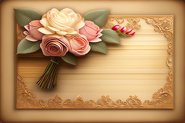 Photo a bouquet of roses is on a gold frame.