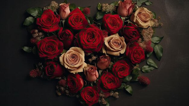 A bouquet of roses is shown with a black background.