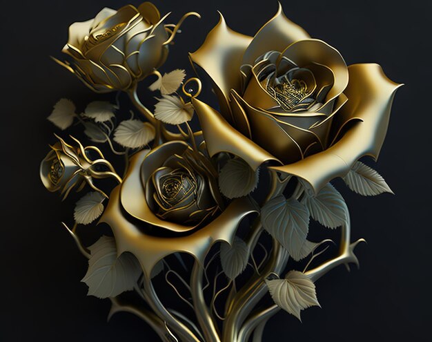 A bouquet of roses is shown with gold leaves.