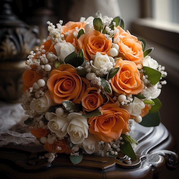 A bouquet of roses is on a table in front of a window.