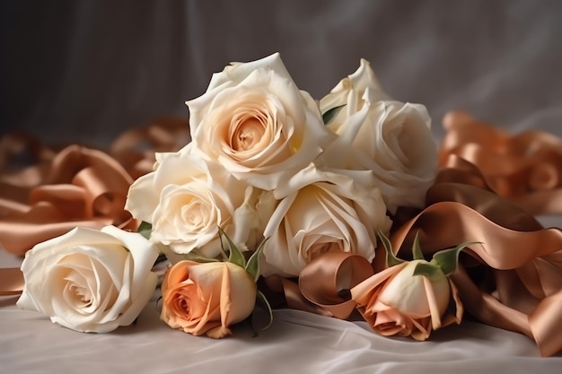 A bouquet of roses is on a table with a white cloth.