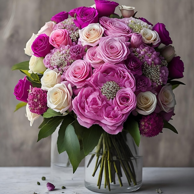 A bouquet of roses is in a vase on a table.