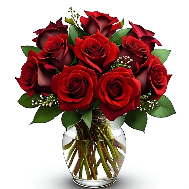 A bouquet of roses is in a vase with a white background.