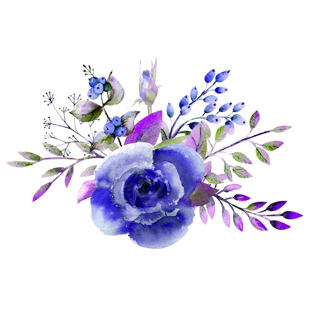 Bouquet of roses, leaves, berries, decorative twigs. Wedding concept with flowers. Watercolor composition in blue tones for greeting cards or invitations.